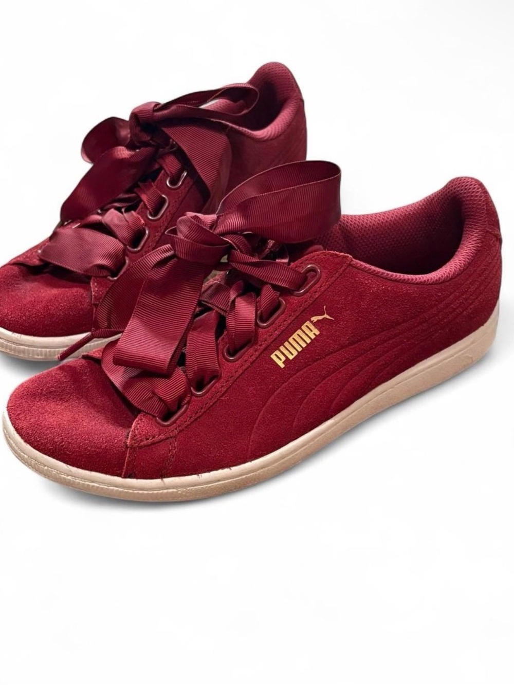 Puma Women's Burgundy Suede Sneakers with Satin Ribbon Laces